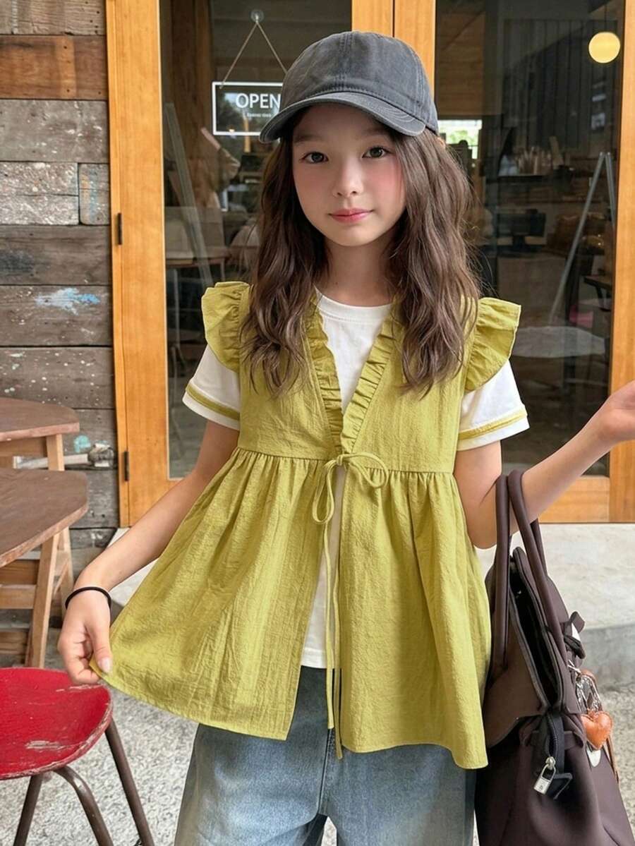 Dazy Kids Tween Girl Summer Casual Solid Color Lace-Up Tank Top - Yellow - View 1