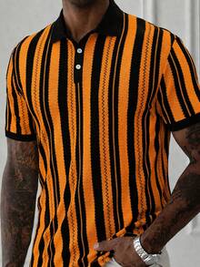 Manfinity CasualCool Men's Casual Business Striped Design POLO Shirt Top Suitable For Daily Commuting Wear Casual Versatile - Orange - View 4