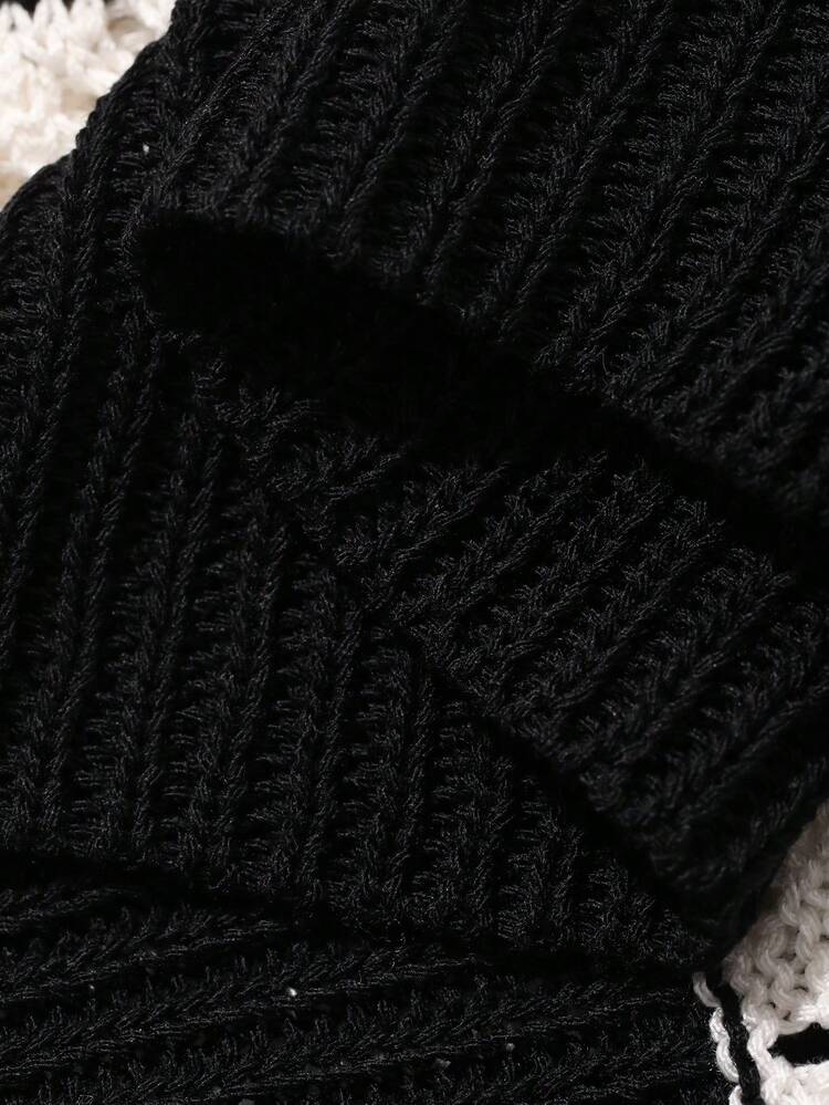 Men's Short Sleeve Black And White Striped Polo Neck Knit Top