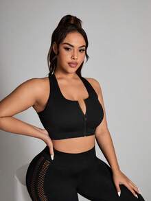 SHEIN Rhythm Era 女款大尺碼無縫黑色固定杯棉質拉鍊運動內衣 - 黑色 - 查看 7