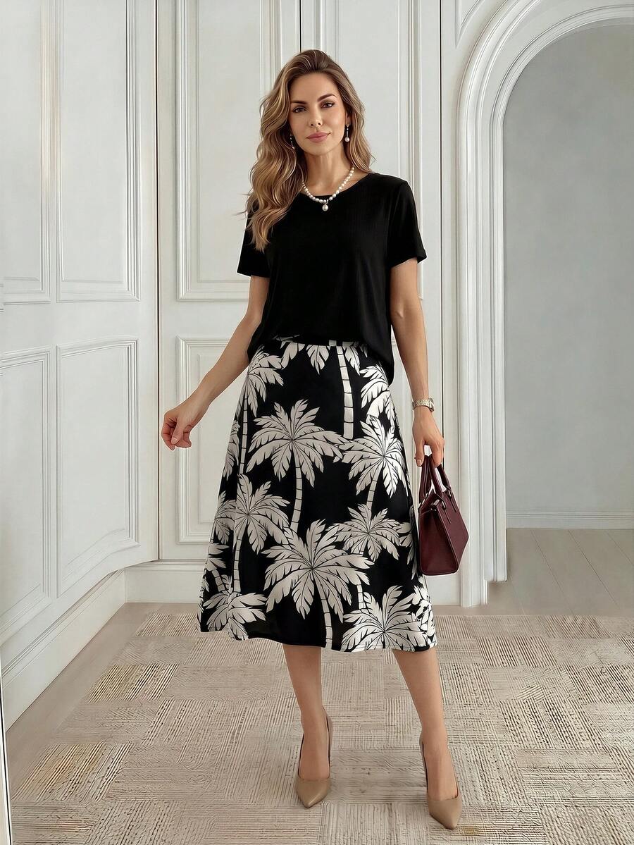 Medorina Middle-Aged And Elderly Women's Solid Color T-Shirt And Coconut Tree Print Skirt Set,Summer Set,Going Out Set - Multicolor - View 1