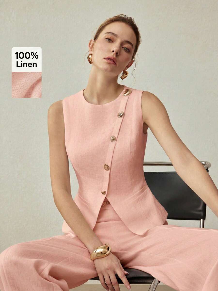 MOTF PREMIUM Chaleco de lino 100% con hebilla metálica, estilo vintage, para primavera/verano - Rosa - Ver 1