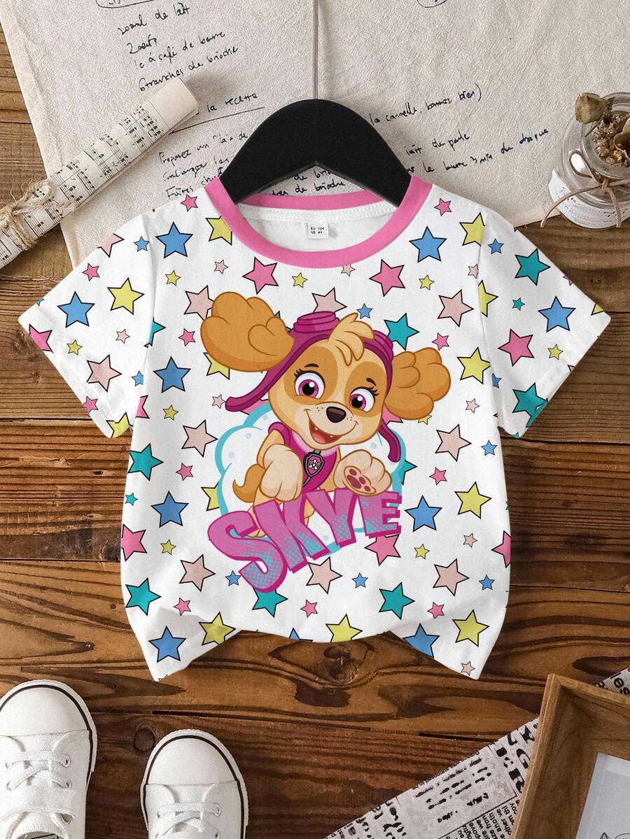 SHEIN | PAW Patrol 少女夏季休閒度假日常通勤趣味可愛卡通彩色星星印花短袖T恤 - 白色 - 查看 1