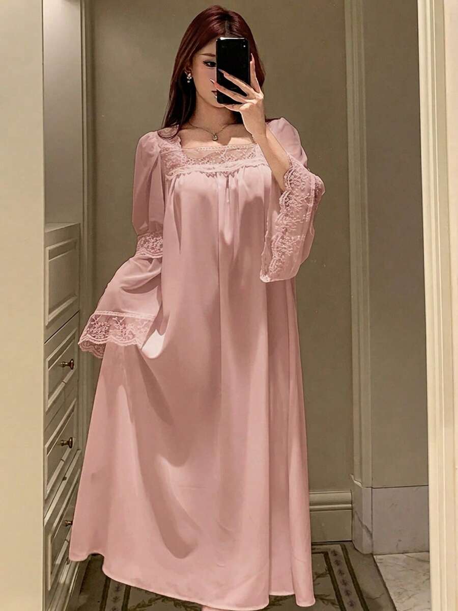 DAZY 浪漫蕾絲拼接公主風甜美長洋裝,夏季女款睡衣睡袍 - 藍色 - 查看 1