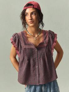 SoleilVie New Retro Plaid Square Neck Short Cap Sleeve Blouse, Suitable For Spring/Summer Pastoral Picnic And Vintage Market Strolling - Red Violet - View 7