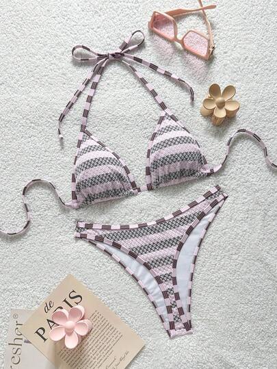 Soleia Bộ bikini dây đeo cổ sọc cho nữ đi biển nghỉ hè