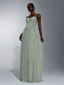 Elitara Elegant Green Elastic Mesh Fabric Beaded Chain Decor Bodice Voluminous Skirt Formal Party Dress Wedding Guest Dress Bachelorette Dress Gala Dress - Green - View 4