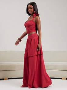 NYA SZN Matching Set Full Outfit Top And Trouser Bottom Set Jersey Floral Flower Tiered Flounce Ruffle Brunch Luxe Red Outfits For Women - Red - View 1