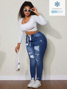 SHEIN SXY Celana Jeans Wanita Ukuran Besar dengan Tali Serut di Pinggang, Desain Sobek, Kasual, Serbaguna untuk Aktivitas Sehari-hari - Dark Wash - View 3