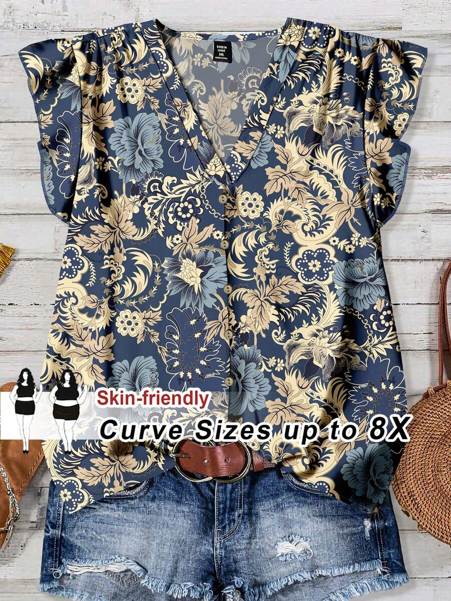 SHEIN CURVE+ 大尺碼女款短袖扣鈕印花襯衫 - 白色 - 查看 1