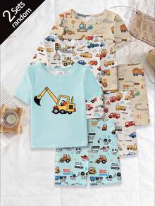 SHEIN [2 Sets Random] Baby Boy Snug Fit Pajamas Short Sleeve & Shorts Summer Light Blue & Cream Cartoon Truck Vehicle Print Soft Lightweight Knit - Multicolor - View 5