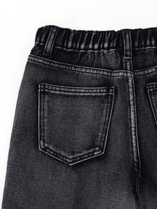SHEIN Little Byeori 青少年男孩寬鬆舒適牛仔短褲 兒童服飾 日常穿搭街頭風 - 黑色 - 查看 6