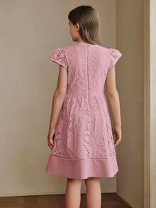 Anewsta Cute Girls' Short Sleeve Embroidered Patchwork Bow Decor Light Blue Dress, Spring/Summer New Style - Pink - View 7