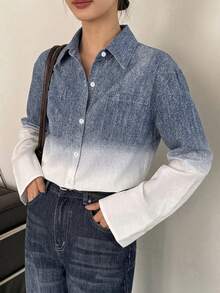 DAZY Women's Ombre Long Sleeve Dropped Shoulder Casual Sexy Loose Blouse Golf White Autumn School - Blue - Ver 5
