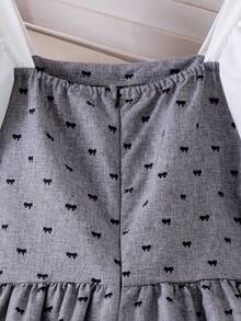 Elladie kids Tween Girls' Summer Casual Cute Fashionable Dress, Grey Puff Sleeve Woven Fabric, Short Sleeve Splicing Bow Print Dress, Suitable For Back To School - Grey - View 5