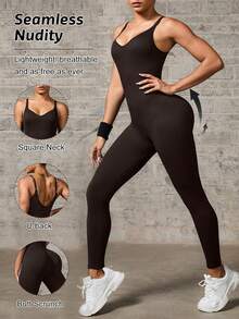 Easithlete Easithlete Solid Color Backless Fitted Camisole Sports Jumpsuit - Mocha Brown - View 2