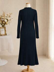 Girls' Simple Elegant Fashion Turtleneck Raglan Sleeve Long Sleeve Fitted Long Solid Color Fuzzy Ribbed Fabric Basic Dress, Autumn/Winter - Navy Blue - View 2