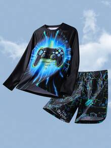 SHEIN Conjunto de tankini de 2 piezas con patrón que brilla en la oscuridad de videojuegos ajustado para niño preadolescente, adecuado para primavera/verano, vacaciones en la playa - Azul - Ver 9