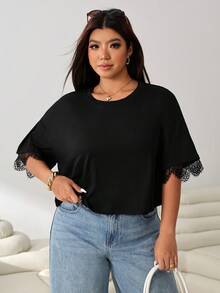 Solflare Kaos Wanita Ukuran Besar Warna Polos Leher Bulat Lengan Pendek Hitam Elegan untuk Kencan Malam Musim Panas - Hitam - View 3
