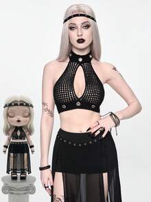 ROMWE Goth Summer Beach Outfits Sheer Knit Halter Cropped Top - Black - View 5
