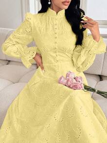 Modelyn French Style Stand Collar Lace Hollow Out Button Petal Sleeve Design Dress - Light Yellow - View 3