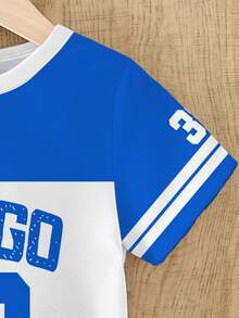 2pcs/Set Toddler Boys' Casual Creative Numeric 32, Chicago Star Striped Colorblock Letter Graphic Print Short Sleeve T-Shirt And Shorts Set, Comfortable Daily Wear, Suitable For Spring, Summer - Multicolor - View 5