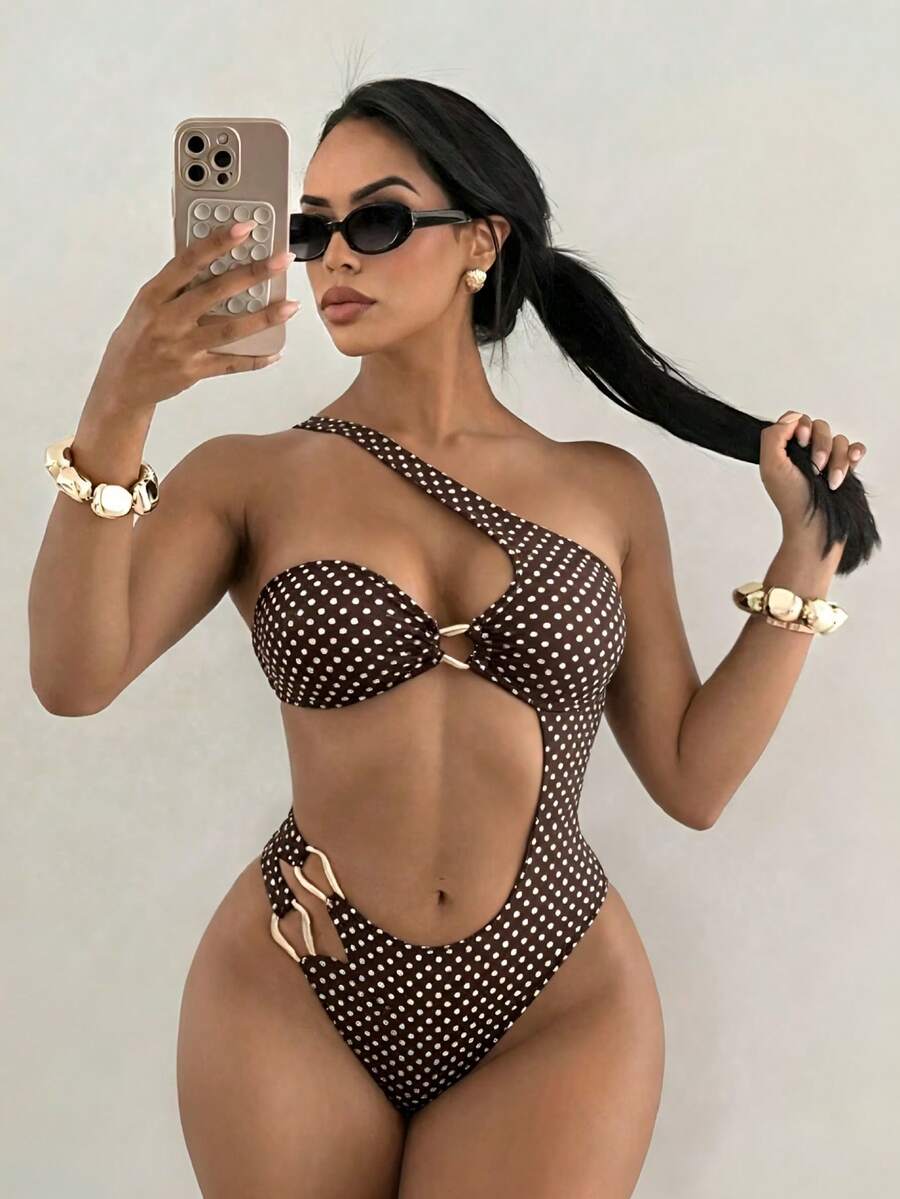 Swim SXY Summer Women's Standard Size Solid Color Asymmetrical Shoulder Cut-Out Gold Decor Beach Vacation One-Piece Swimsuit - Coffee Brown - View 1