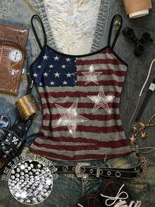 Glimmora Y2K Women's Flag Rhinestone Star Contrast Color Camisole Top, Round Neck Casual Comfortable Camisole Suitable For Daily Gatherings - Multicolor - View 3
