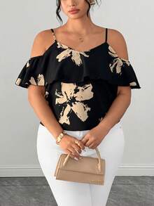 SHEIN Clasi Plus Size Elegant Business Casual Floral Print Off-Shoulder Camisole Shirt For Summer Vacation Black Dates Holiday Outfits For Women Sexy Outfits - Black - View 3