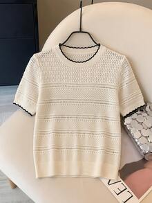 SHEIN Holidaya Women's Hollow-Out Knit Short Sleeve Top Teachers' Day Summer Casual - Apricot - View 3