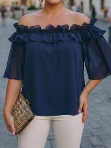 Velvienne Áo blouse nữ size lớn dệt kiểu regular fit mùa hè phong cách Pháp vintage thanh lịch đi làm trễ vai bèo nhún voan chiffon tay ngắn màu xanh - Nhiều màu - Xem 3