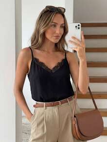 SHEIN LUNE 2 chiếc áo hai dây nữ màu đen và nâu tương phản phối ren dáng rộng, trang phục thường ngày, cảm hứng phối đồ nữ, trang phục, trang phục mùa hè nữ, áo top mùa hè nữ, áo top mùa hè, trang phục mùa hè nữ, áo hai dây màu nâu - Nhiều màu - Xem 9