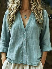 SHEIN Pure Linen Plain V-Neck Long Sleeve Shirt - Baby Blue - View 4