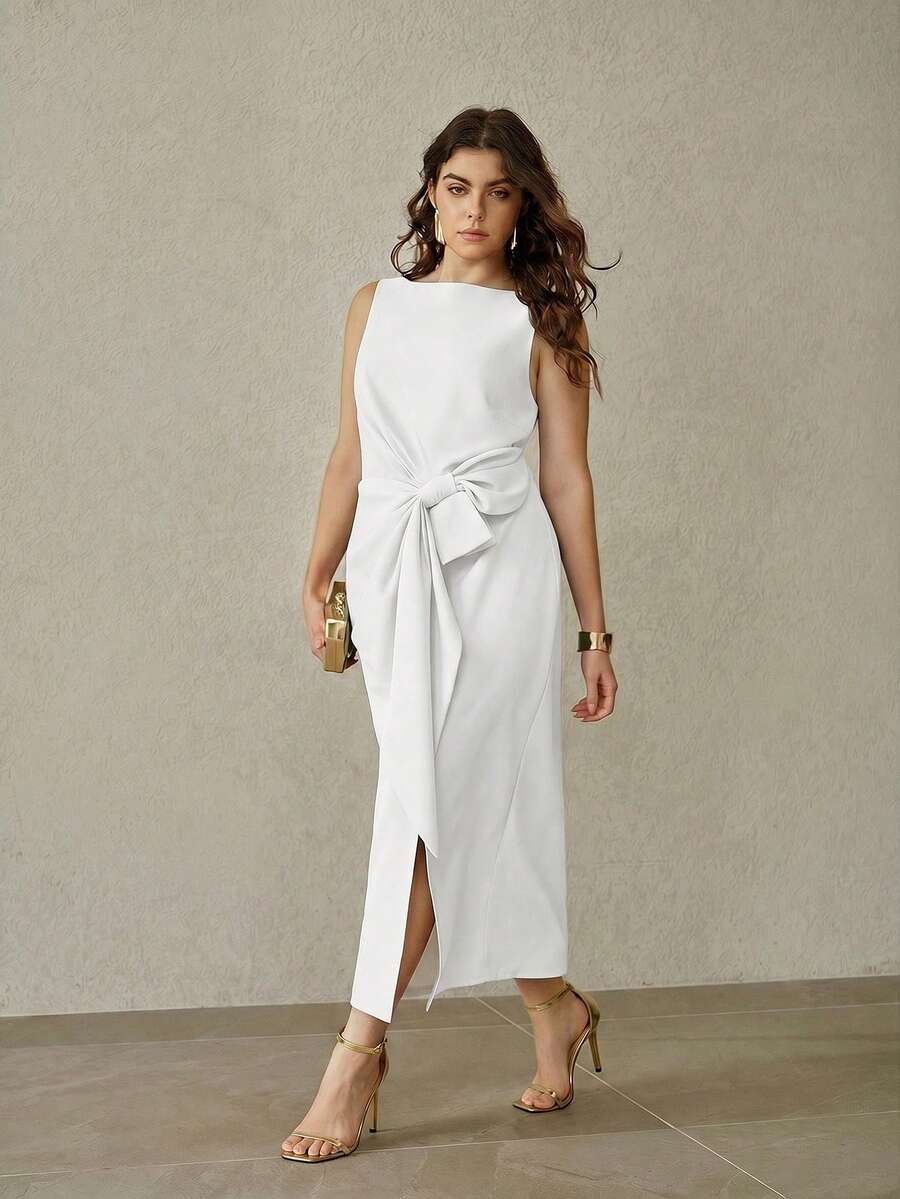 MOTF PREMIUM PLUS SIZE WOMEN SLEEVELESS STRUCTURED LONG DRESS - White - View 1