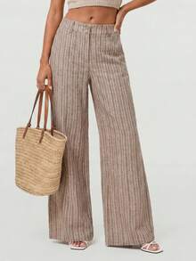 Avantive Women's Casual Vacation Daily Commute Color Block Striped Print Slant Pocket Loose Wide Leg Long Pants - Mocha Brown - View 4