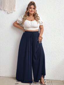 SHEIN CURVE+ 大尺碼高腰寬腿褲，附腰帶、側口袋、羅紋面料、黑色，適合度假、優雅休閒場合、基本搭配、夏季、海灘假期、波西米亞節慶波西米亞度假 - 藏蓝色 - 查看 5
