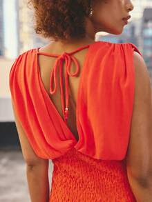 Aralina Festival Dress Vacation V Neck Stretch Mini Spring Summer Outfits Orange Red Shirred Body Con Party Club Sexy - Burnt Orange - View 5