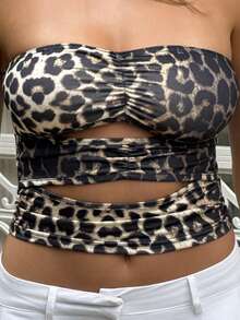 Sindi Myftari Women Leopard Print Cut-Out Cropped Slim Fit Bustier Top, Sexy Summer - Multicolor - View 3