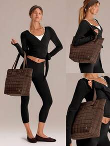 GLOWMODE 7L Water-Resistant Make It Quilted Dual Handle Tote Bag With Multi Pockets Daily Casual - Dark oak - View 6