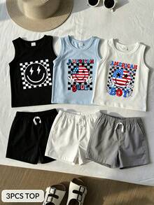 SHEIN Playful Pals 3件/組 嬰兒臉部字母圖案圓領休閒背心上衣 夏季，嬰兒男童背心上衣，嬰兒夏季背心上衣，嬰兒T恤，嬰兒男童臉部背心上衣，幼兒背心上衣，嬰兒男童上衣 3件/組 - 彩色 - 查看 7