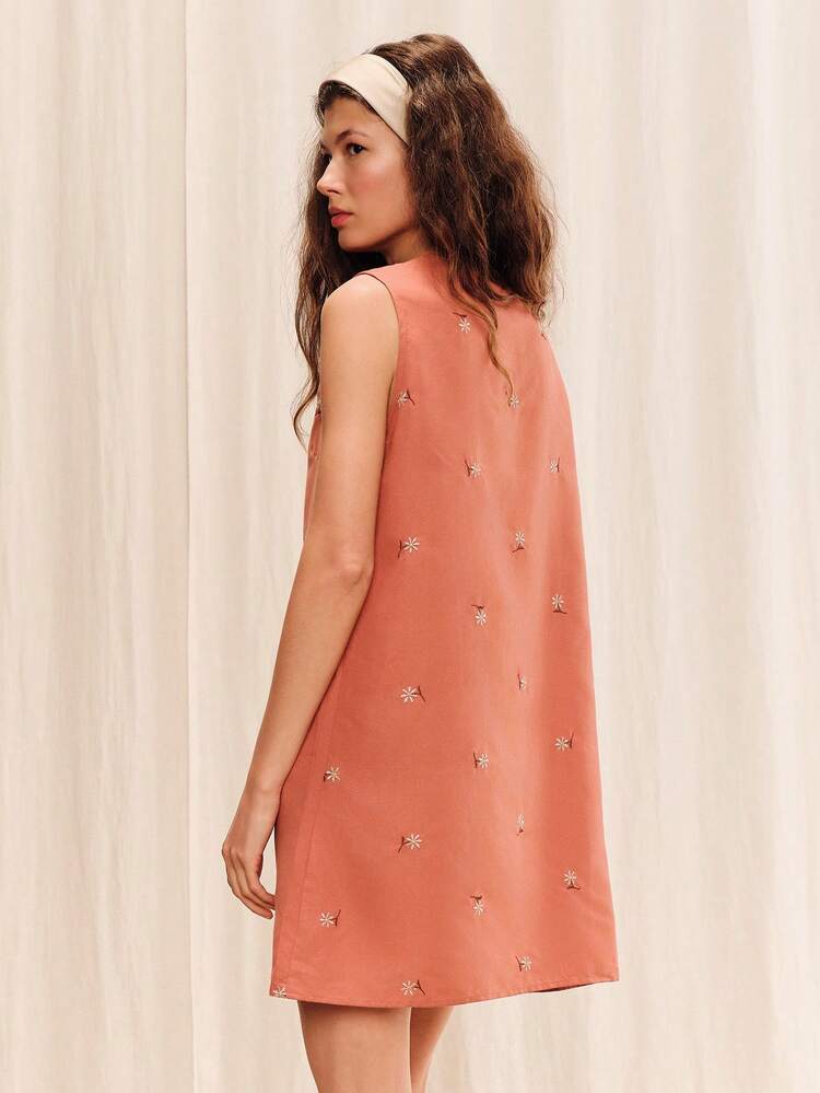 Red Loose Fit A Line Floral Embroidered Mini Dress Summer Holiday Casual Vintage Chic