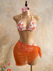 Mistrie Conjunto de bikini de verano para mujer con estampado floral ditsy, bikini con cuello halter, conjunto de bikini de vacaciones con falda de cobertura, estampado aleatorio, 3 piezas - Naranja - Ver 1