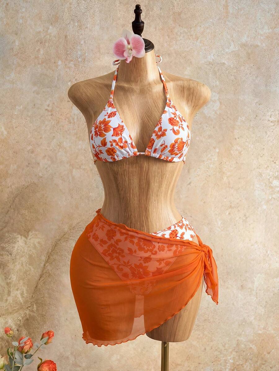 Mistrie Conjunto de bikini de verano para mujer con estampado floral ditsy, bikini con cuello halter, conjunto de bikini de vacaciones con falda de cobertura, estampado aleatorio, 3 piezas - Naranja - Ver 1