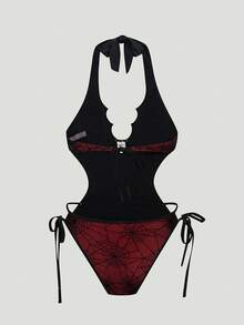 ROMWE Women's Gothic Punk Apocalypse Themed Black & Red Spider Web Flocked Mesh One-Piece Swimsuit, Adorned With Spider Pendant, Halter Neck Design, Waist Cutout, Open Back Detail With Tie Straps And Asymmetrical Neckline; Available In Black/Red/Burgundy. Perfect For Festivals, Parties, Vacations And Spring Break Occasions. Black And Red Mesh Bikini Set. Gothic Punk Style Bikini. Dark Aesthetic Swimwear. - Multicolor - View 2