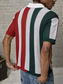 GALLERY FADE Men's Summer Casual Colorblock Patchwork Knit Top, Football - Red - View 2