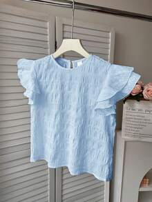 Kids Teen Girls Blue Summer Elegant Party Blouse,Textured Woven Round Neck Ruched Ruffle Trim Cap Sleeve Fitted Casual Blouses For Vacation Outing - Blue - View 3
