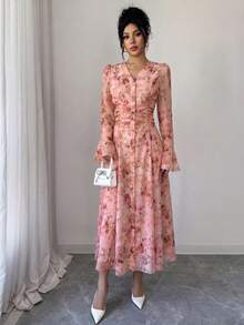Modelyn V領抓皺喇叭袖女款洋裝 腮紅粉色 秋季 優雅浪漫 茶會早午餐風 - 杏色 - 查看 3