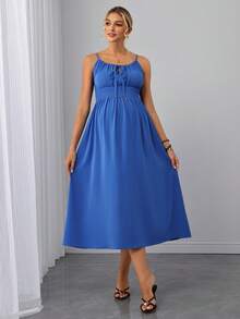 SHEIN Maternity Solid Color Tie-Up Ruched Casual Daily Wear Spaghetti Strap Dress - Blue - View 4