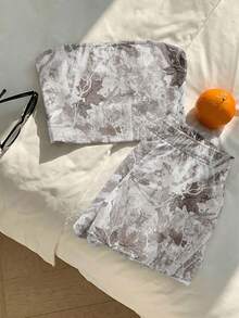 Comfortcana 休閒極簡迷彩樹枝水洗感滿版印花短版吊帶上衣與短褲兩件組，春夏季百搭 - 彩色 - 查看 3