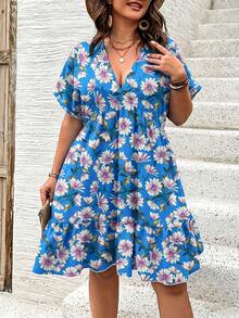 Ceyna Vestido de verano de manga corta con cuello en V profundo y estampado floral para tallas grandes - Azul - Ver 5